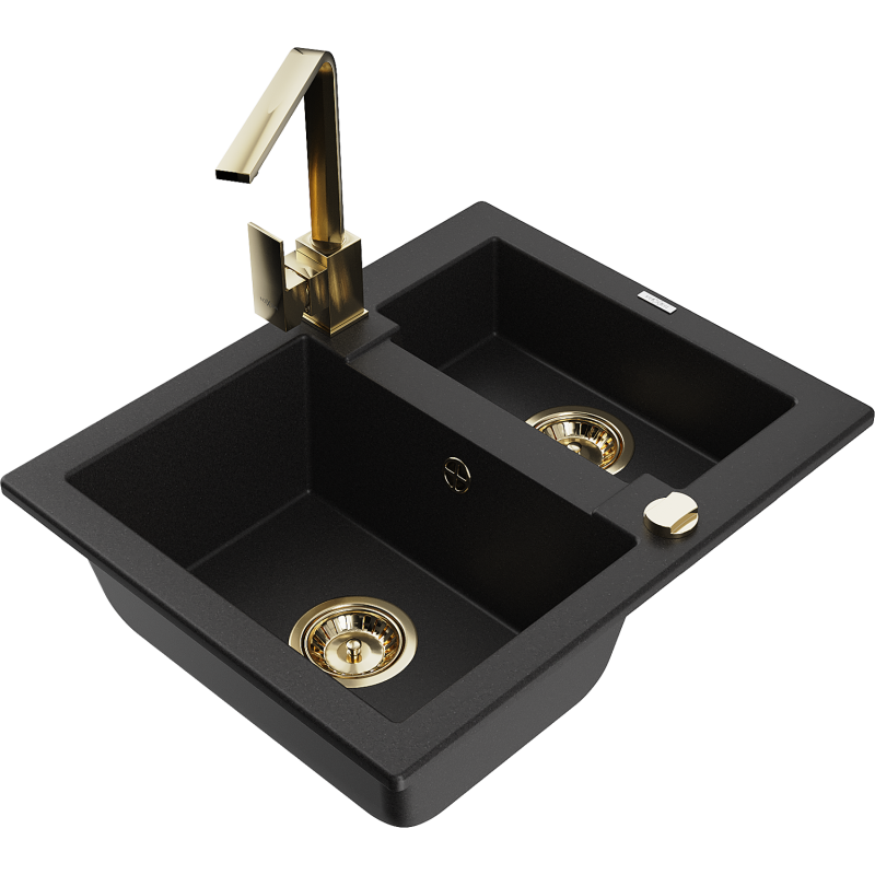 Mexen Carlos 1,5-compartment granite sink with a kitchen mixer tap Rita, Black - 6518-77-670300-50