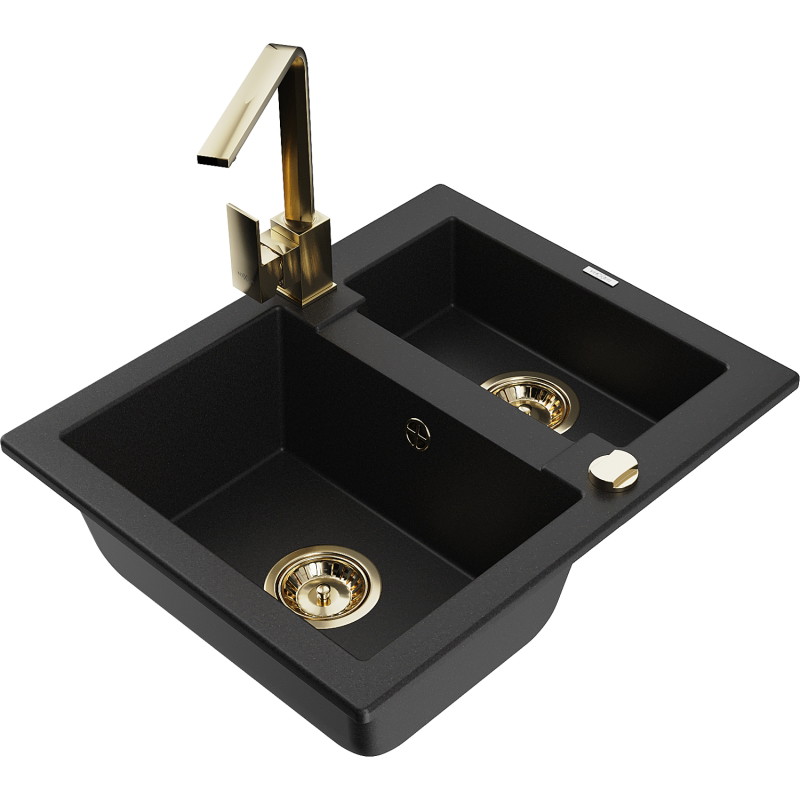 Mexen Carlos granite sink 1.5-bowl with kitchen faucet Rita, black - 6518-77-670300-50