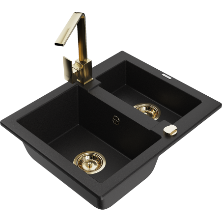 Mexen Carlos 1.5-bowl granite sink with Rita kitchen faucet, black - 6518-77-670300-50