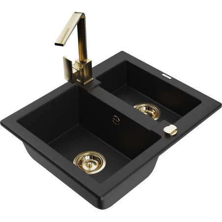 Mexen Carlos granite sink 1.5-bowl with Rita kitchen tap, black - 6518-77-670300-50