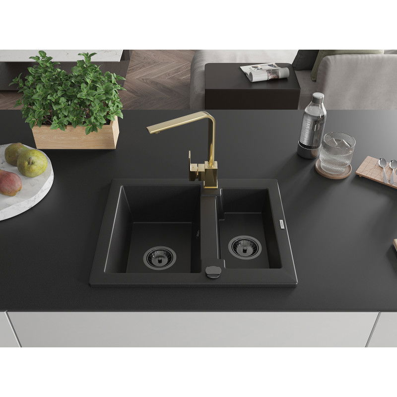 Mexen Carlos Granite Sink 1.5 Bowl with Rita Kitchen Tap, Black - 6518-77-670300-50-B