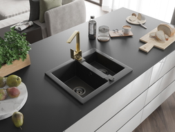 Mexen Carlos 1.5-bowl granite sink with Rita kitchen faucet, black - 6518-77-670300-50-B