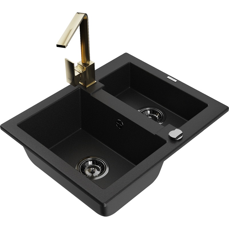 Mexen Carlos 1.5-bowl granite sink with Rita kitchen faucet, black - 6518-77-670300-50-B