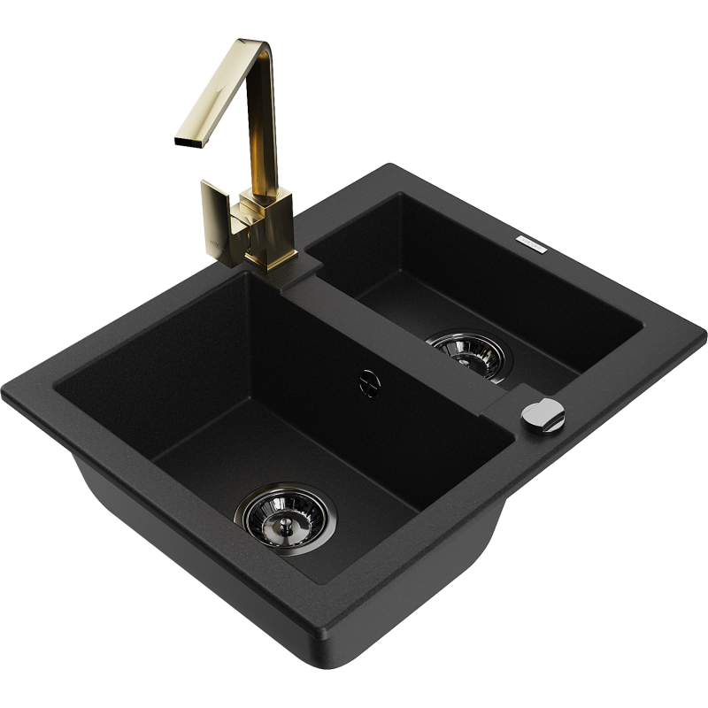 Mexen Carlos Granite Sink 1.5 Bowl with Rita Kitchen Tap, Black - 6518-77-670300-50-B