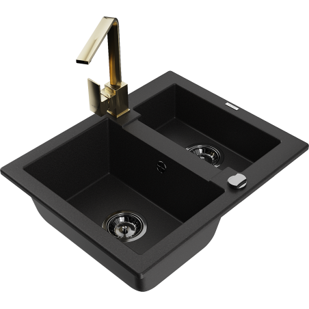 Mexen Carlos 1.5-bowl granite sink with Rita kitchen faucet, black - 6518-77-670300-50-B