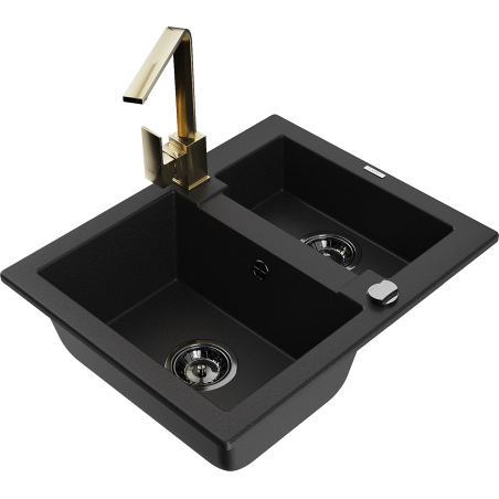 Mexen Carlos granite sink 1.5-bowl with Rita kitchen faucet, black - 6518-77-670300-50-B