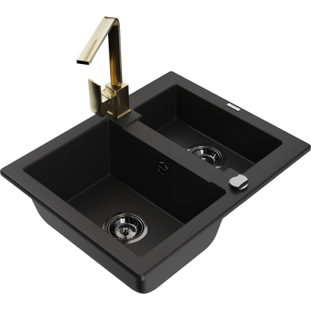 Mexen Carlos Granite Sink 1.5 Bowl with Rita Kitchen Tap, Black - 6518-77-670300-50-B