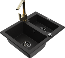 Mexen Carlos 1,5-compartment granite sink with a kitchen mixer tap Rita, Black - 6518-77-670300-50-B