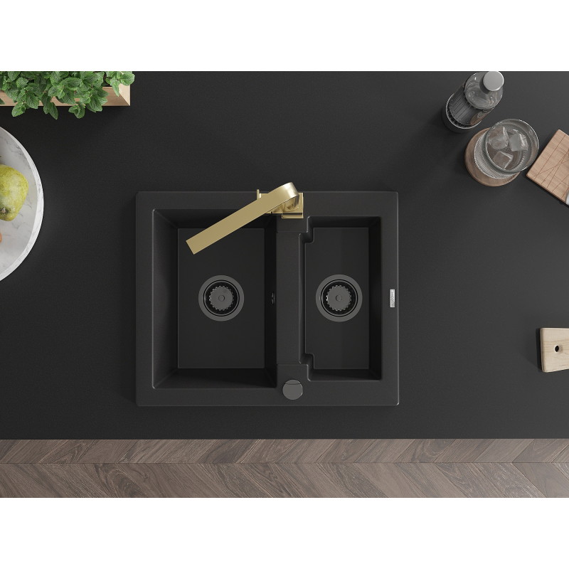 Mexen Carlos 1.5-bowl granite sink with Rita kitchen faucet, black - 6518-77-670300-50-B