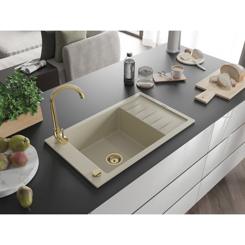 Mexen Elias 1-bowl granite sink with drainer, Telma kitchen tap, beige - 6511-69-670200-50