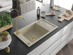 Mexen Elias Telma granite kitchen sink 1-bowl with drainer and kitchen faucet, beige - 6511-69-670200-50
