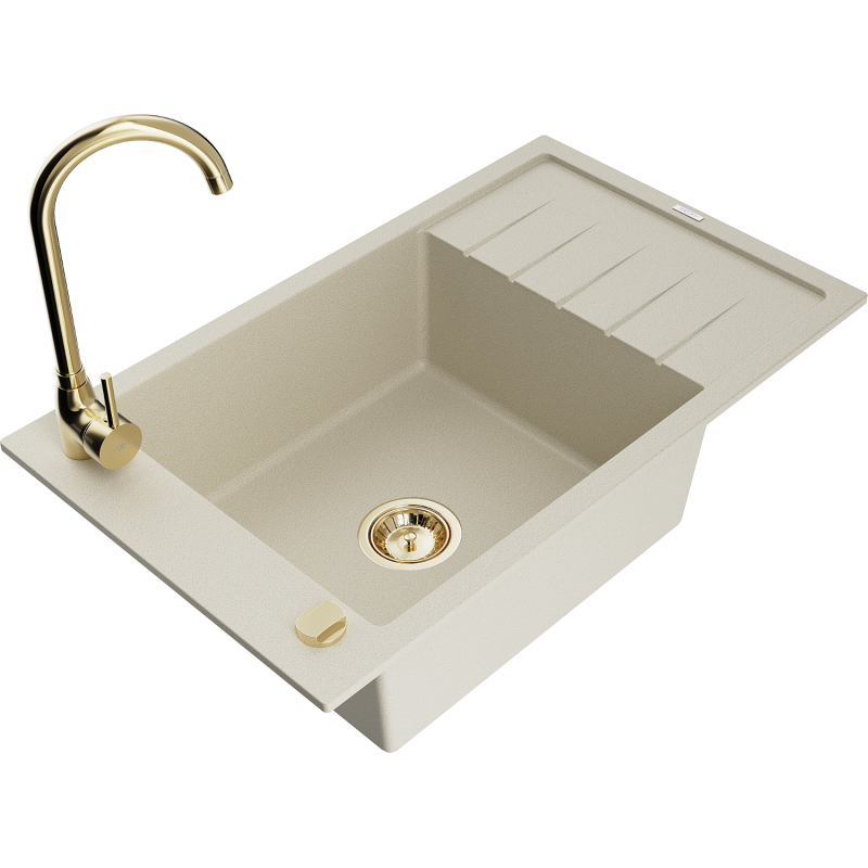 Mexen Elias 1-bowl granite sink with drainer, Telma kitchen tap, beige - 6511-69-670200-50