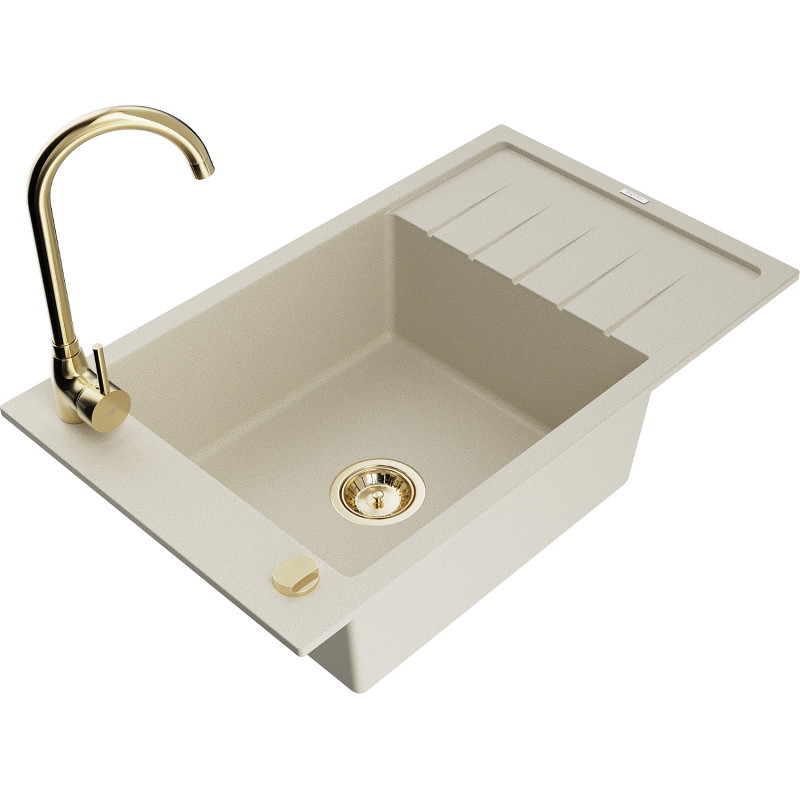 Mexen Elias Telma granite kitchen sink 1-bowl with drainer and kitchen faucet, beige - 6511-69-670200-50