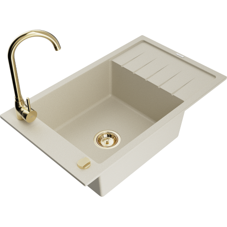 Mexen Elias 1-bowl granite sink with drainer, Telma kitchen tap, beige - 6511-69-670200-50