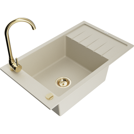 Mexen Elias granite sink 1-bowl with drainer and Telma kitchen faucet, beige - 6511-69-670200-50