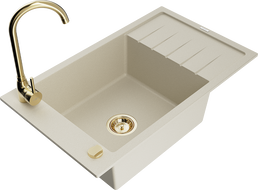 Mexen Elias 1-bowl granite sink with drainer, Telma kitchen tap, beige - 6511-69-670200-50
