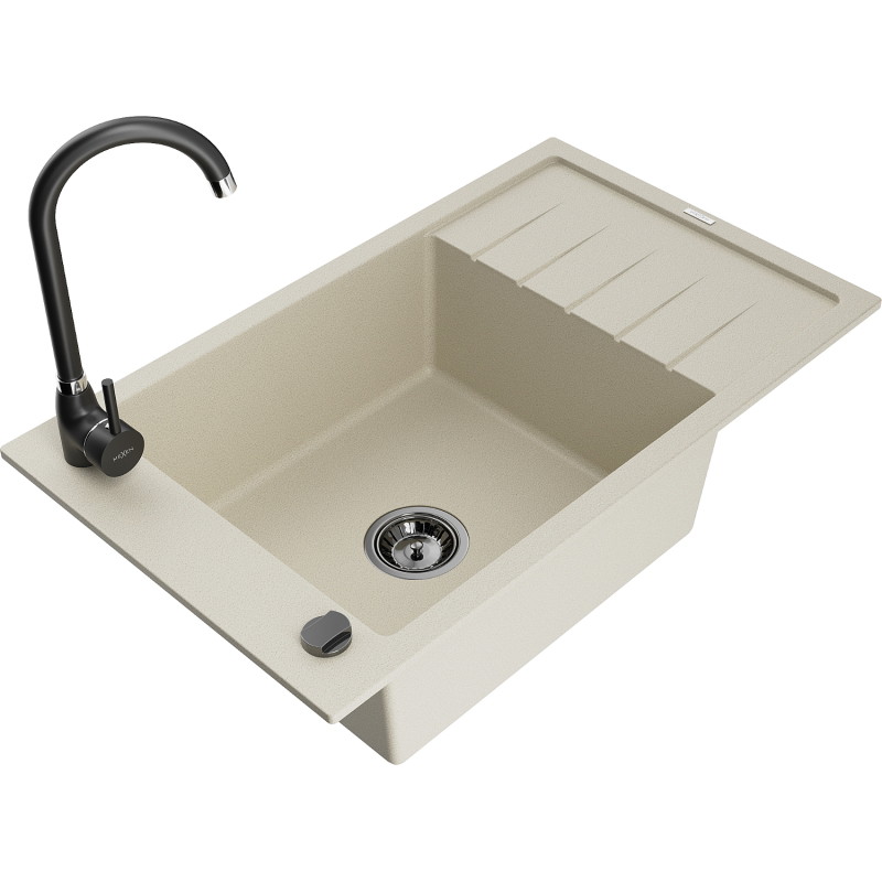 Mexen Elias 1-bowl granite sink with drainer and Telma kitchen faucet, beige - 6511-69-670200-70