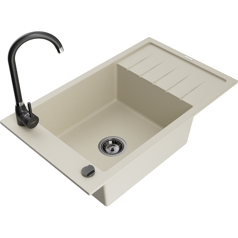 Mexen Elias 1-bowl granite sink with drainer and Telma kitchen tap, beige - 6511-69-670200-70