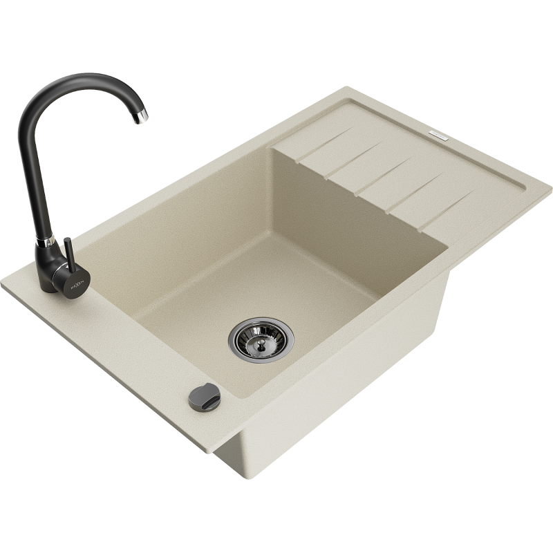 Mexen Elias granite sink, 1-bowl with drainer and Telma kitchen faucet, beige - 6511-69-670200-70