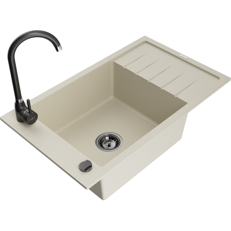 Mexen Elias 1-bowl granite sink with drainer and Telma kitchen tap, beige - 6511-69-670200-70