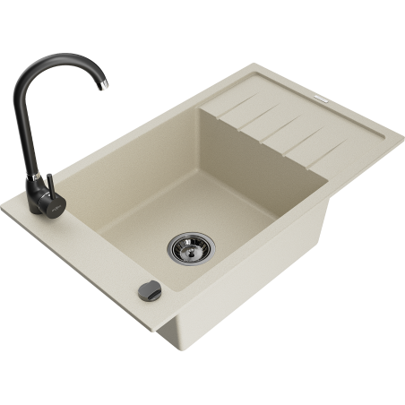 Mexen Elias granite sink, 1-bowl with drainer and Telma kitchen faucet, beige - 6511-69-670200-70