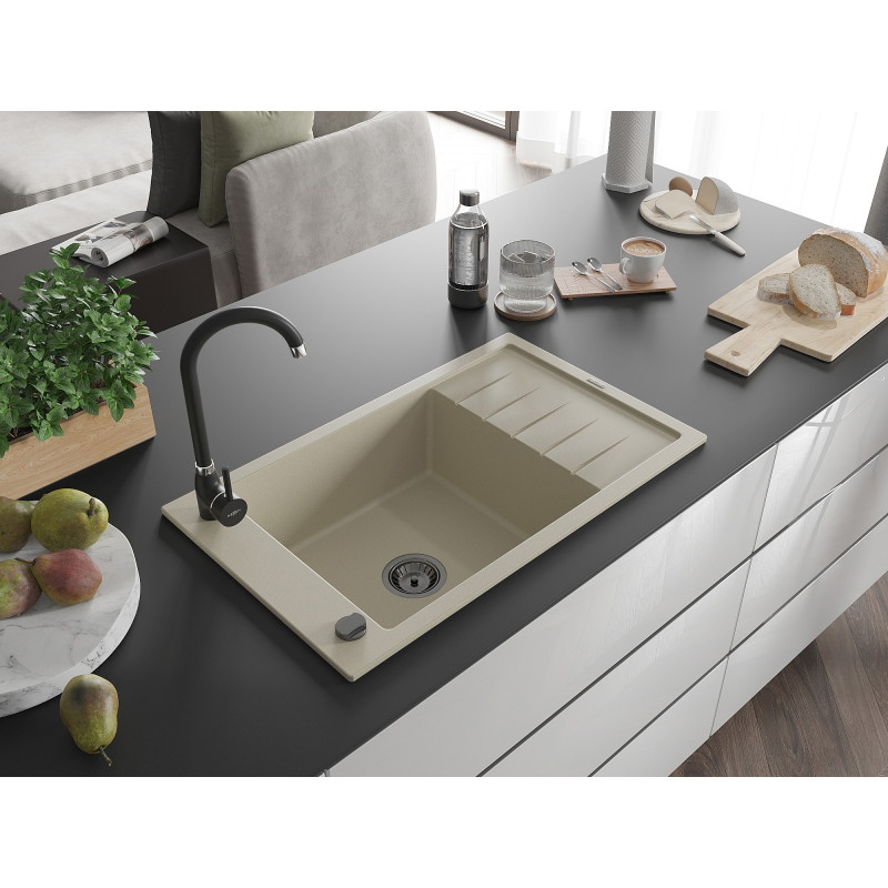 Mexen Elias granite sink 1-bowl with drainer and Telma kitchen faucet, beige - 6511-69-670200-70