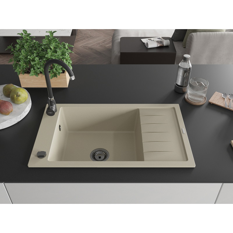 Mexen Elias granite sink 1-bowl with drainer and Telma kitchen faucet, beige - 6511-69-670200-70