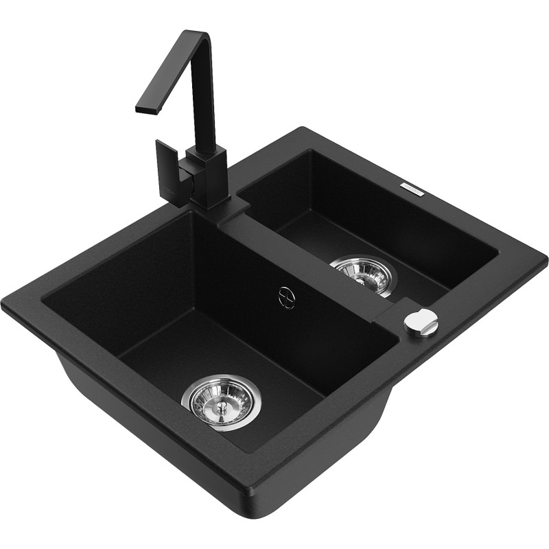 Mexen Carlos 1.5-bowl granite sink with Rita kitchen faucet, black - 6518-77-670300-70