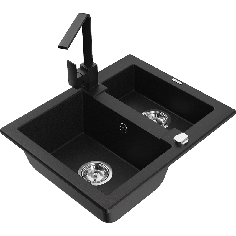 Mexen Carlos 1.5-bowl granite sink with Rita kitchen tap, black - 6518-77-670300-70