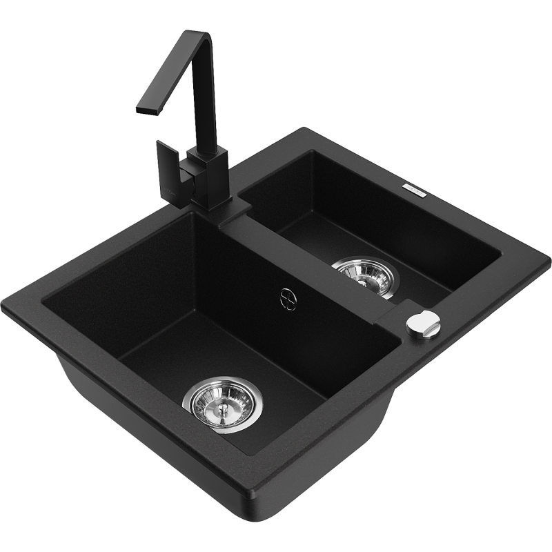 Mexen Carlos 1,5-compartment granite sink with a kitchen mixer tap Rita, Black - 6518-77-670300-70