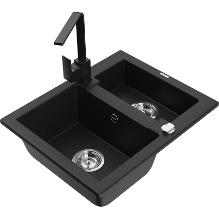 Mexen Carlos granite sink 1.5-bowl with kitchen faucet Rita, black - 6518-77-670300-70