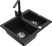 Mexen Carlos granite sink 1.5-bowl with kitchen faucet Rita, black - 6518-77-670300-70