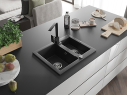 Mexen Carlos 1,5-compartment granite sink with a kitchen mixer tap Rita, Black - 6518-77-670300-70