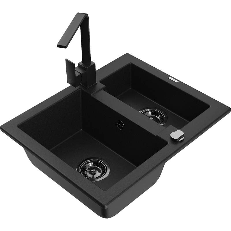 Mexen Carlos 1,5-compartment granite sink with a kitchen mixer tap Rita, Black - 6518-77-670300-70-B