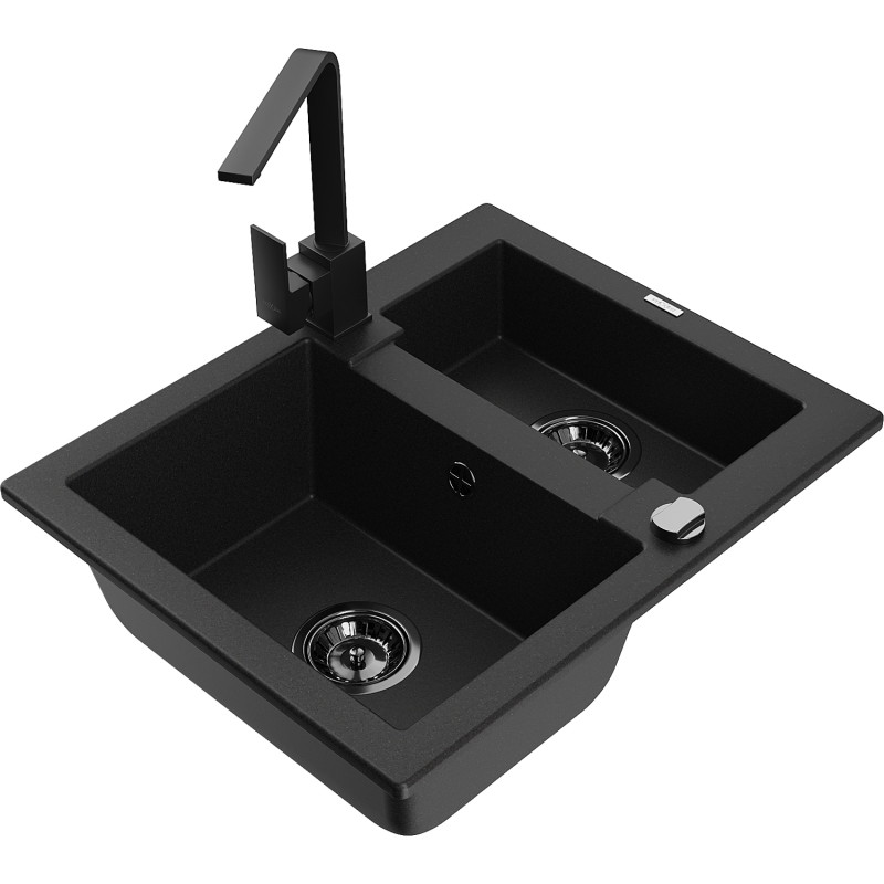 Mexen Carlos granite sink 1.5-bowl with Rita kitchen faucet, black - 6518-77-670300-70-B