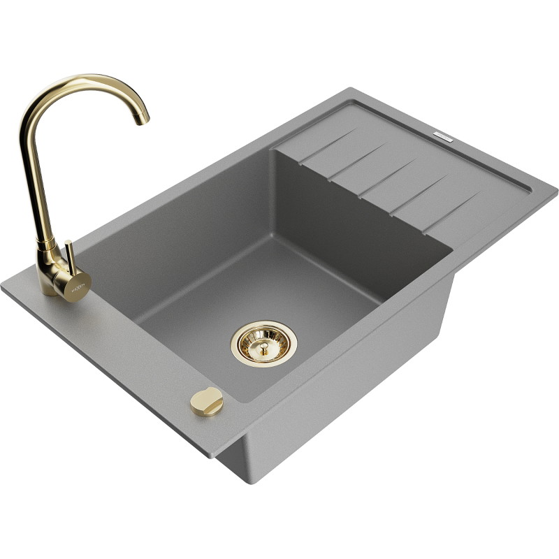 Mexen Elias 1-bowl granite kitchen sink with drainer and Telma kitchen faucet, gray - 6511-71-670200-50
