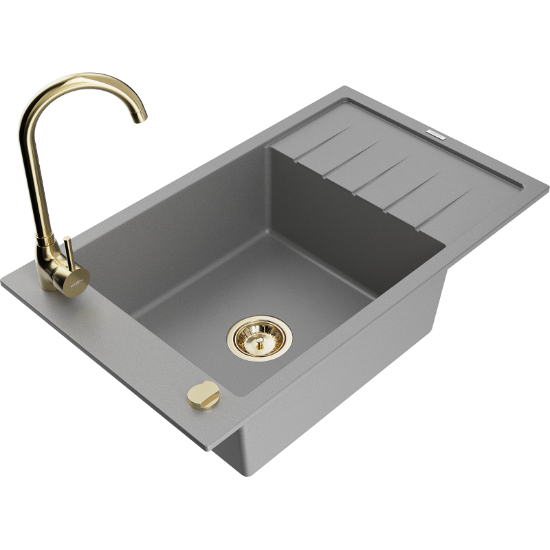 Mexen Elias granite sink 1-bowl with drainer and kitchen faucet Telma, gray - 6511-71-670200-50