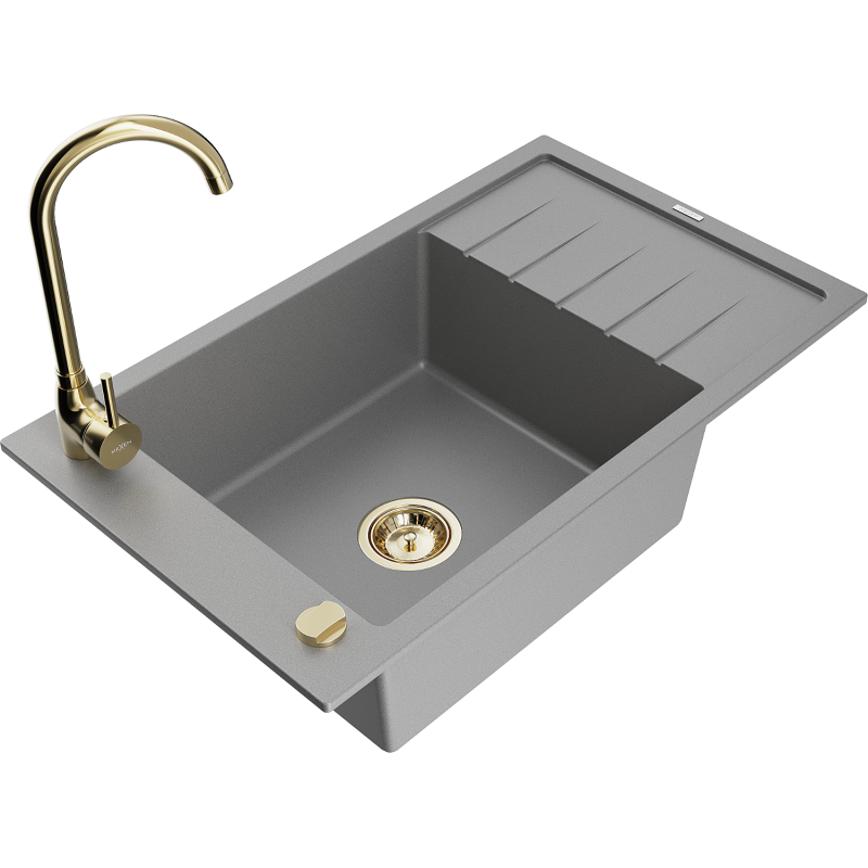 Mexen Elias granite sink 1-bowl with drainer and Telma kitchen tap, grey - 6511-71-670200-50
