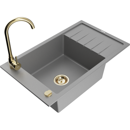 Mexen Elias 1-bowl granite sink with drainer and Telma kitchen faucet, gray - 6511-71-670200-50