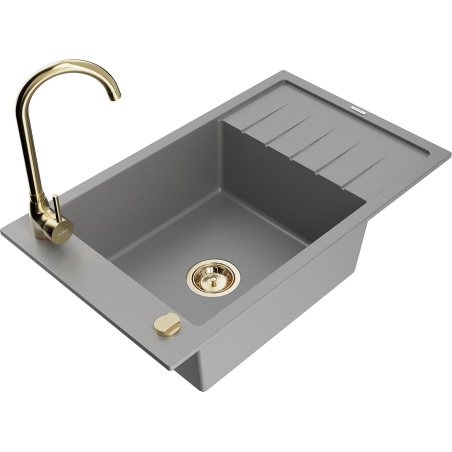 Mexen Elias granite sink 1-bowl with drainer and Telma kitchen tap, grey - 6511-71-670200-50