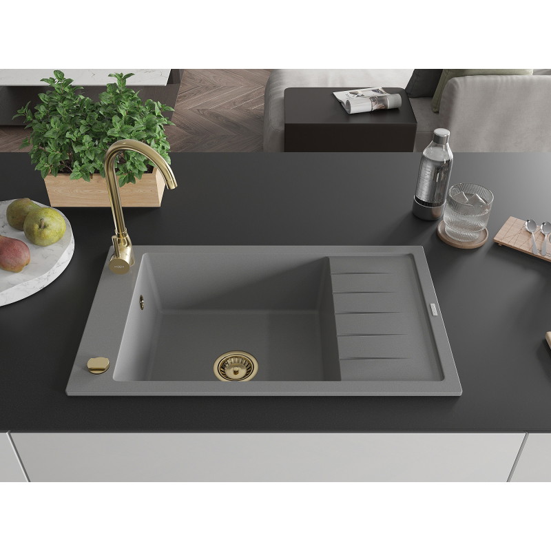 Mexen Elias 1-bowl granite kitchen sink with drainer and Telma kitchen faucet, gray - 6511-71-670200-50