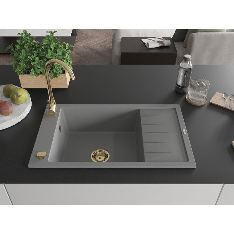 Mexen Elias granite sink 1-bowl with drainer and Telma kitchen tap, grey - 6511-71-670200-50