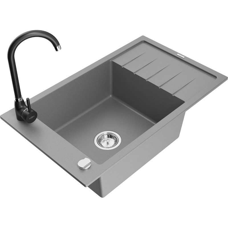 Mexen Elias granit kitchen sink 1-bowl with drainer and Telma kitchen faucet, gray - 6511-71-670200-70