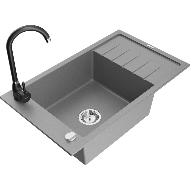 Mexen Elias granite sink 1-bowl with drainer and Telma kitchen tap, grey - 6511-71-670200-70