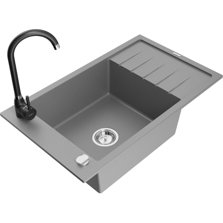 Mexen Elias 1-bowl granite sink with drainer and Telma kitchen faucet, gray - 6511-71-670200-70