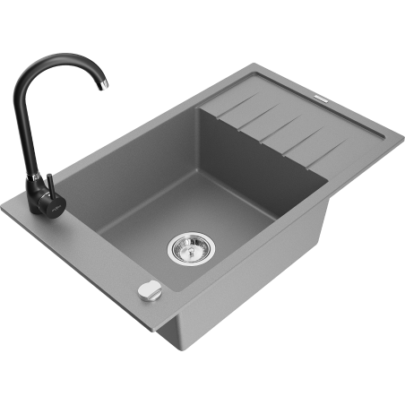 Mexen Elias 1-compartment granite sink with a drip tray and kitchen mixer tap Telma, Grey - 6511-71-670200-70
