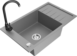 Mexen Elias granite sink 1-bowl with drainer and Telma kitchen tap, grey - 6511-71-670200-70