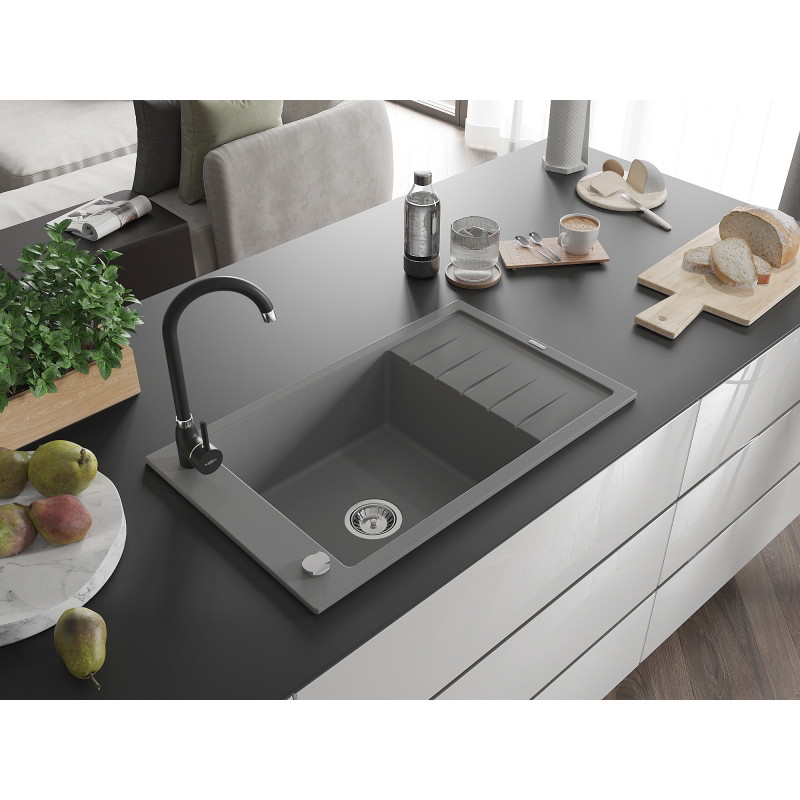 Mexen Elias 1-bowl granite sink with drainer and Telma kitchen faucet, gray - 6511-71-670200-70