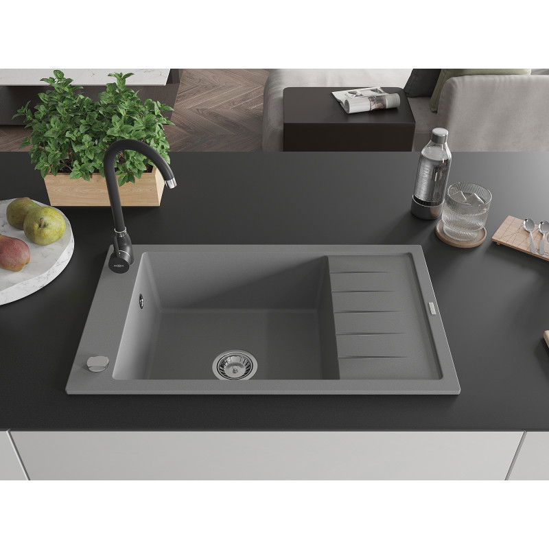 Mexen Elias granite sink 1-bowl with drainer and Telma kitchen tap, grey - 6511-71-670200-70