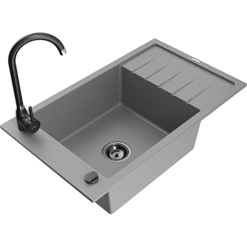 Mexen Elias 1-bowl granite sink with drainer and Telma kitchen faucet, gray - 6511-71-670200-70-B